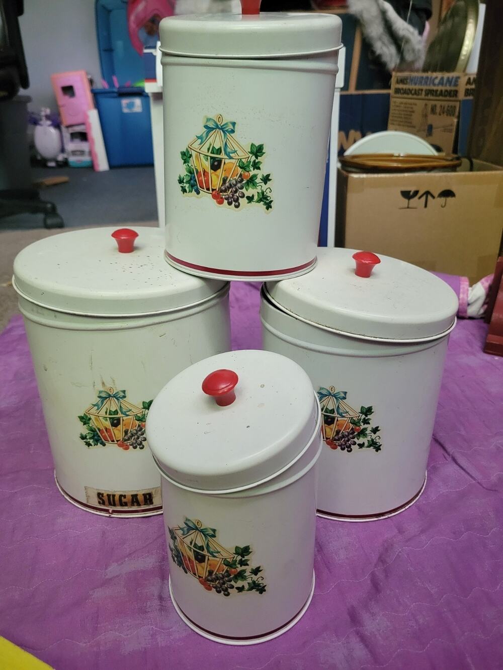 Vintage metal canister set w tops, Fruit decal decoration, Red plastic handles